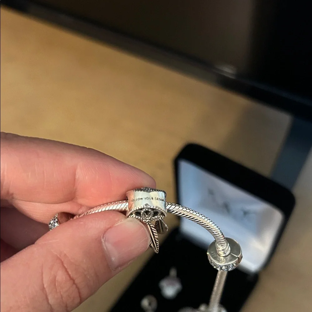 Pandora Sterling Silver Rope Bracelet 7.5 inches with 2 spacers and 6 charms! - Picture 4 of 12